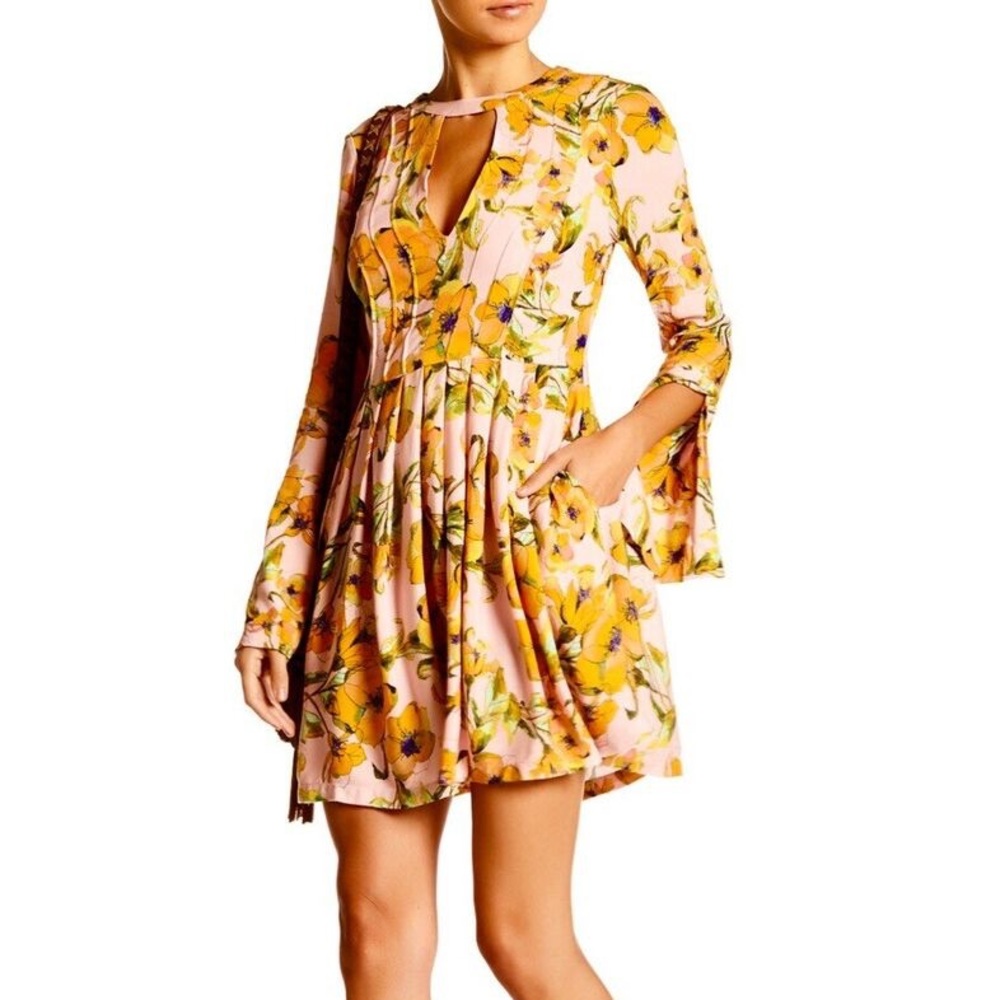 FREE PEOPLE Pink Orange Floral Print Tegan Long Sleeve Pleated Dress 4